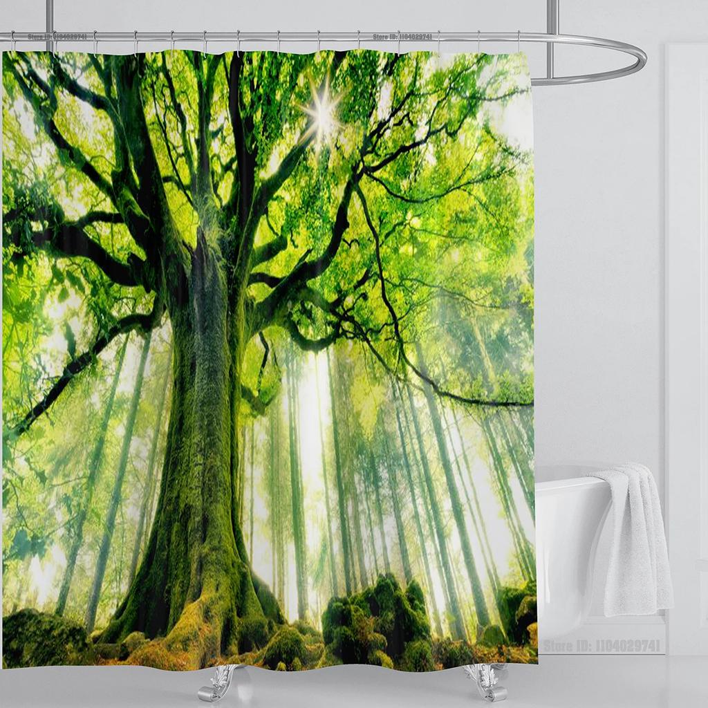 Modern 3D Printing Forest Refreshing Scenery Shower Curtain Waterproof Landscape Green Plant Mountain With Hooks Bathroom Decor