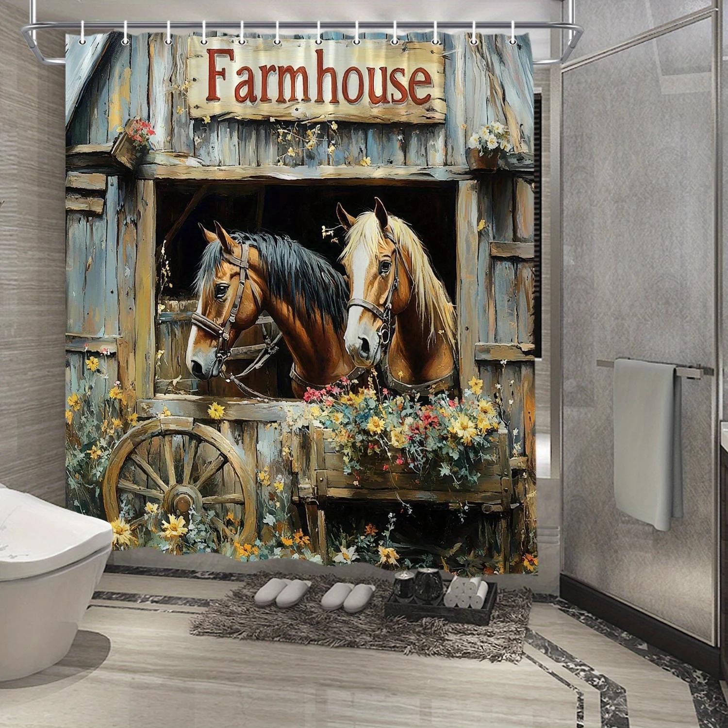 

Rustic Farmhouse Horse Barn Shower Curtain - Realistic Digital Art, Brown Horses, White Manes & Red Flowers, Countryside Theme W60H190(CM)-1 Pcs