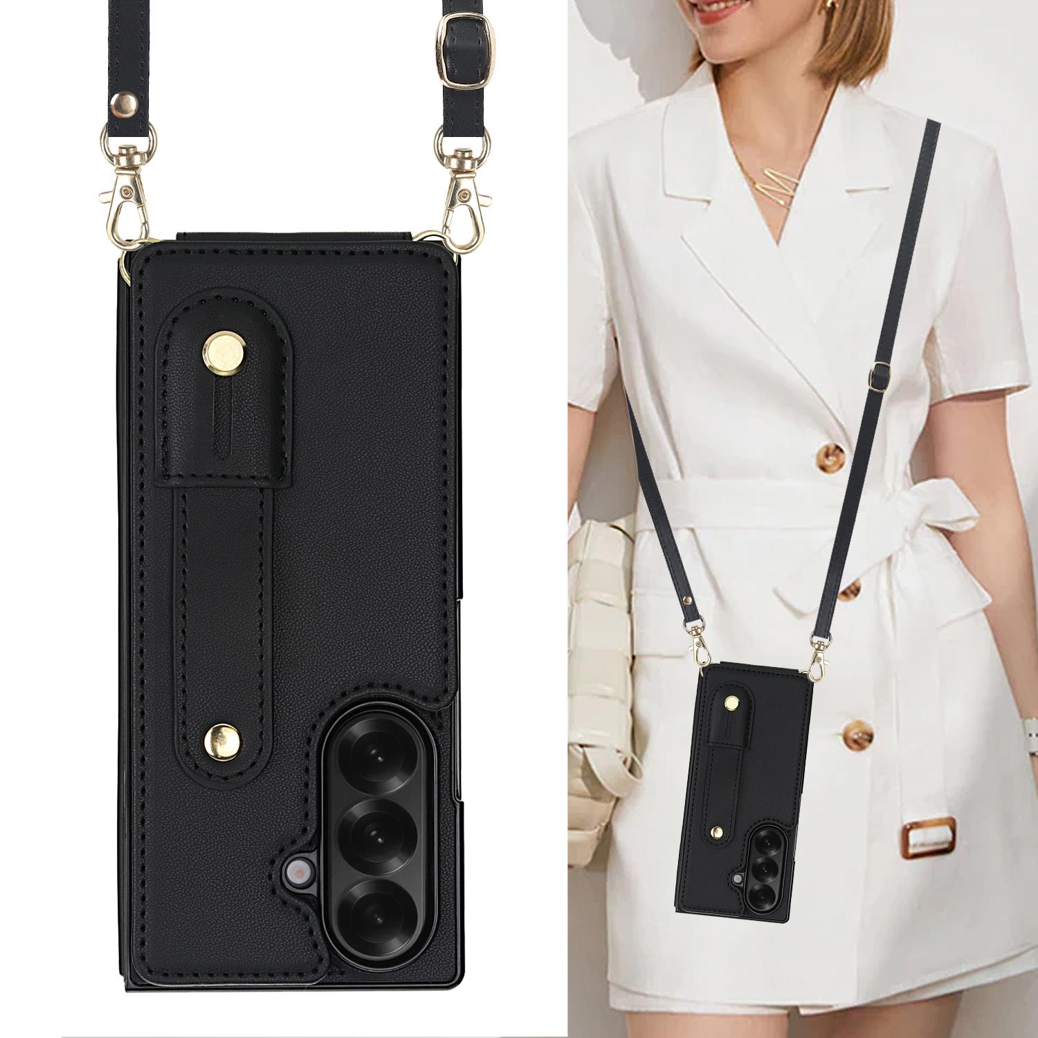 

Crossbody Phone Case for Samsung Galaxy Z Fold 7 Fold6 5 4 Leather Metal Snap Wrist Strap Card Holder Wallet Cover with Strap Galaxy Z Fold7 чёрный