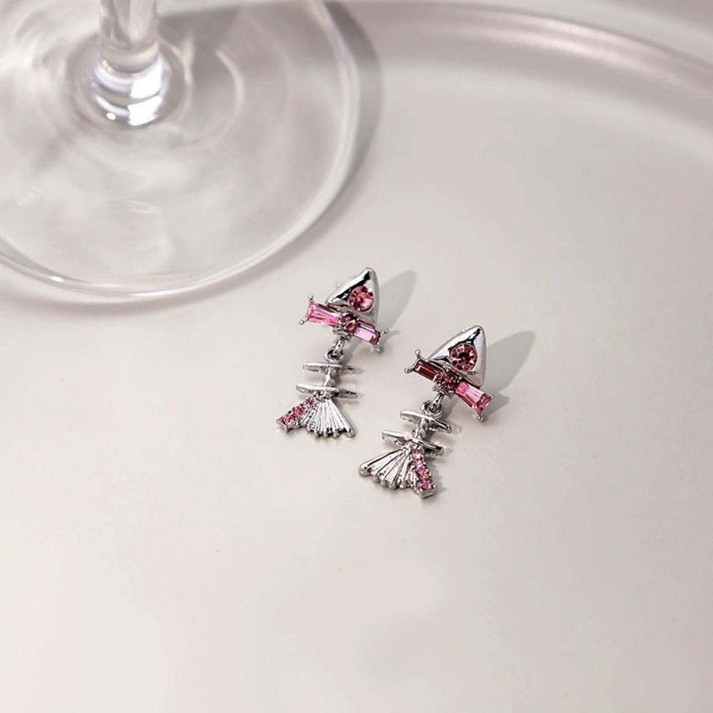 Sweet Cool Fishtail Bow Silver Needle Ear Studs Pink Diamond Inlaid Zircon Earrings Niche Design Jewelry New Creative Versatile