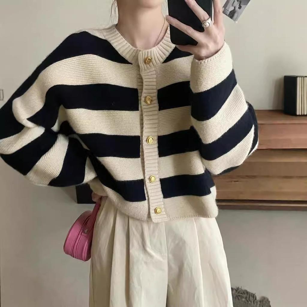 Color Block Striped Women's Sweater Lazy Style Knit Cardigan Korean-Style Fashionable Loose Crew Neck