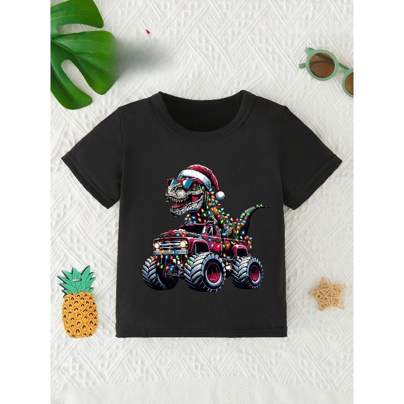 European sizes Christmas Kids Christmas Dinosaur - New Print Crew Neck - Casual T-Shirt Pullover - Short Sleeve Cute Boys Children