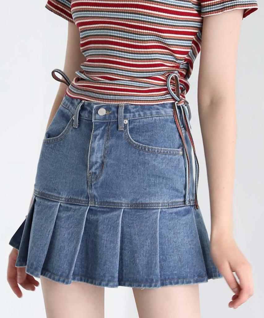 AVANDRESS Pleats Denim Skirt Black