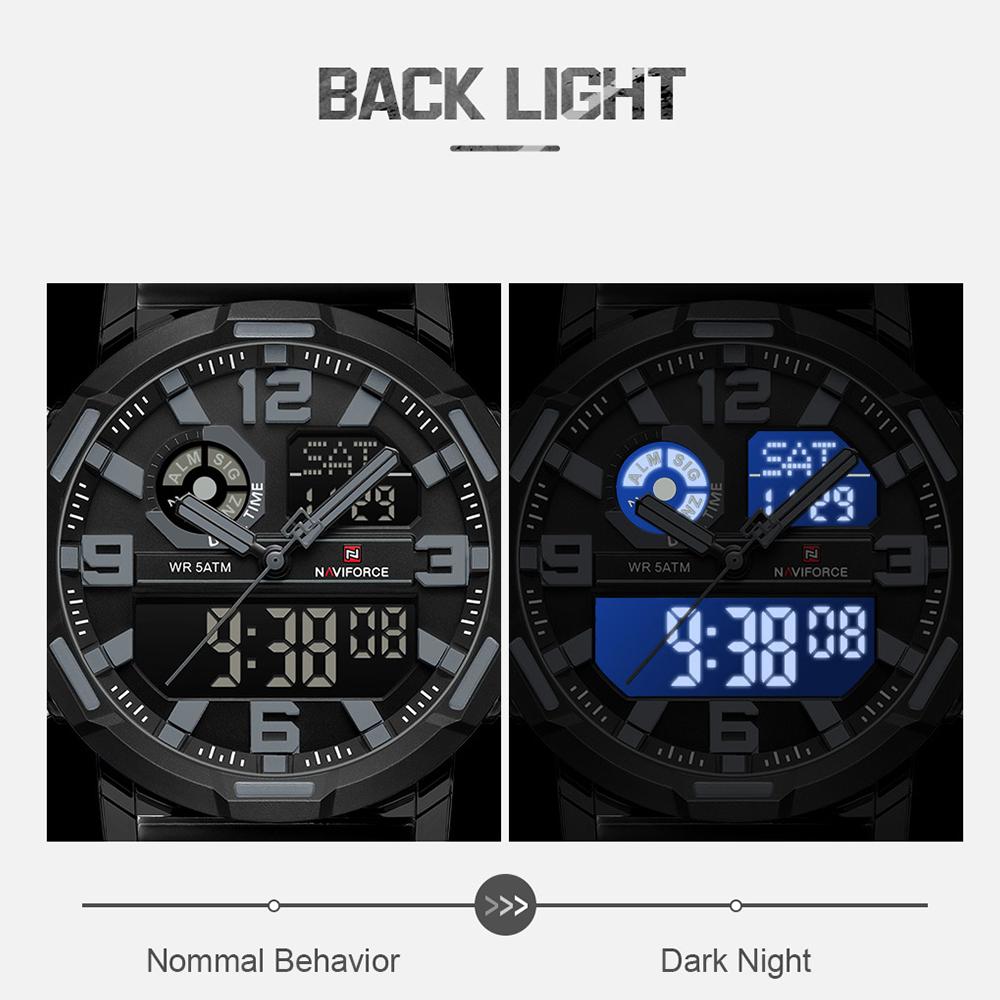 NAVIFORCE Original Men Dual Time Watch Quartz Movement LCD Digital Silicone Strap Waterproof Calendar Date Night Pattern Men Watch NF7130