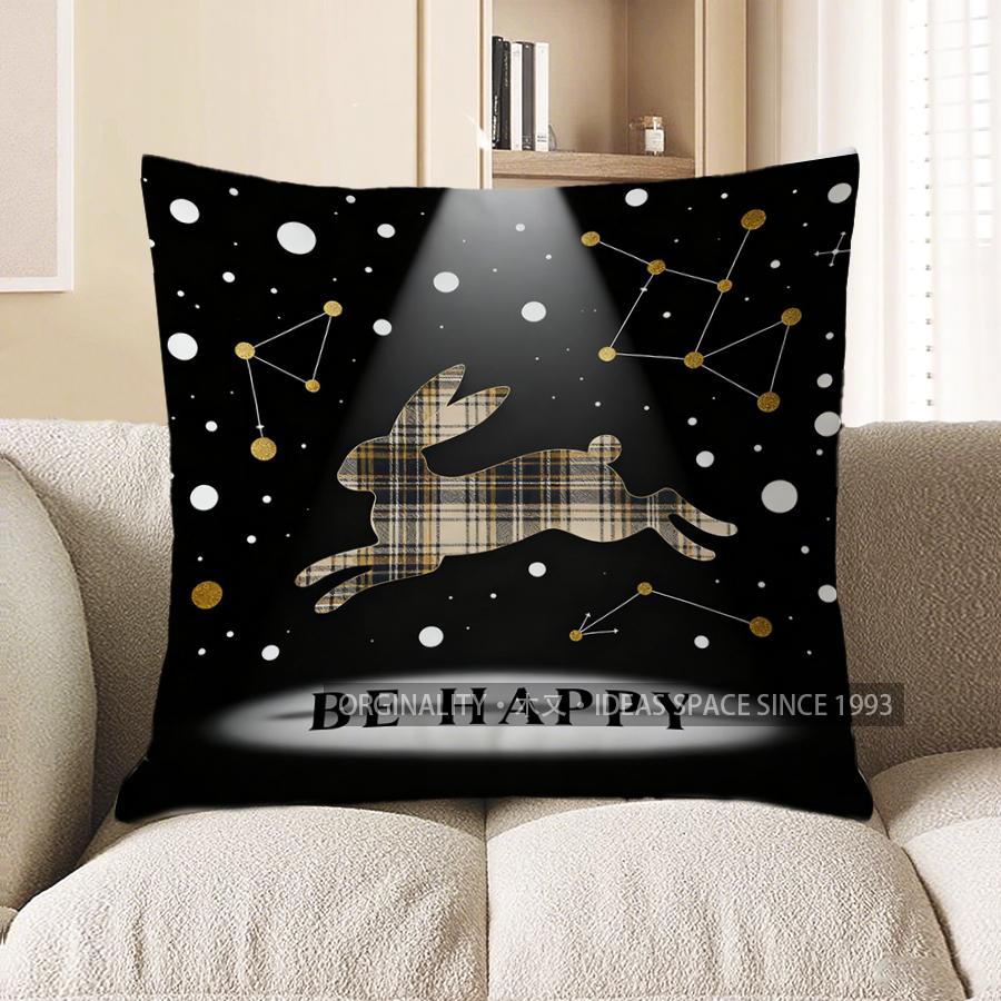 2D Rabbit With Constellations And Be Happy Pattern Cushion Cover Suitable For Sofa Bedroom Car Pillow Cover