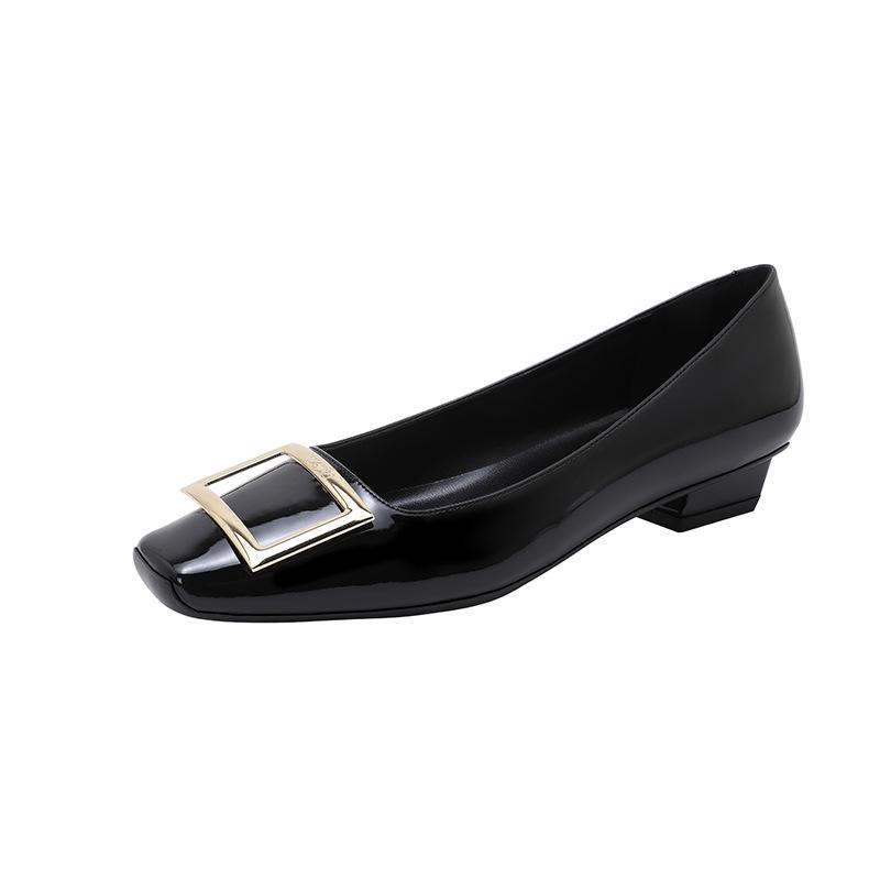 French Style Black Patent Leather Chunky Heel Loafers - Low Cut Elephant Grey Women s Shoes for Workplace and Commute Size 36