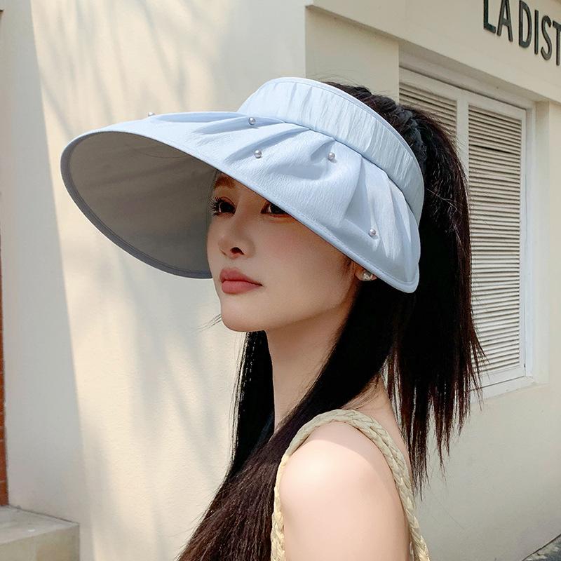 Summer sunscreen hat women's outdoor travel versatile fashion empty top hat pearl pleated big brim sun hat
