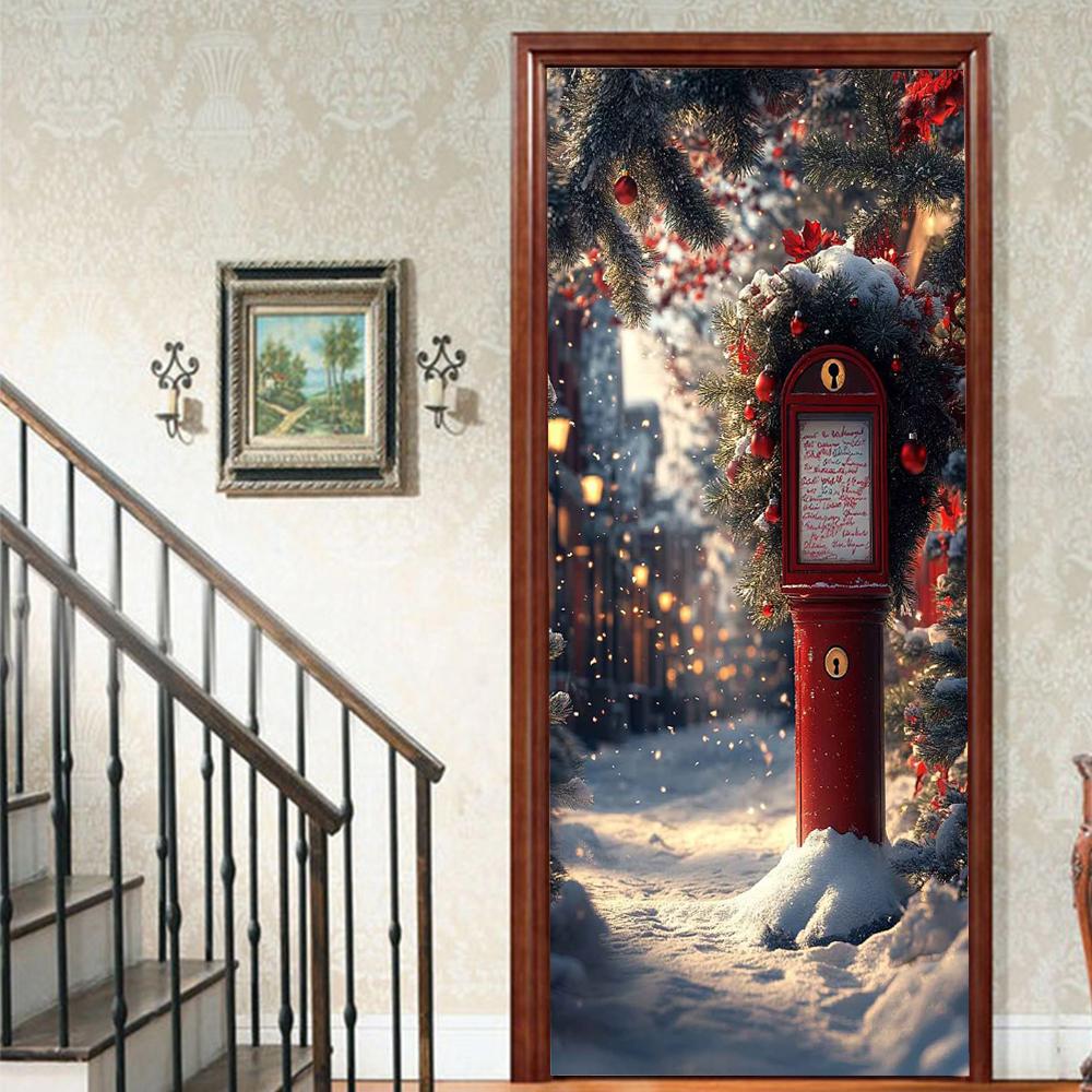 

Christmas Santa Claus PVC Self-Adhesive Waterproof Door Sticker Modern Simulation Door Mural Wallpaper Living Room Study Home Decor Art Door Poster 77x200cm