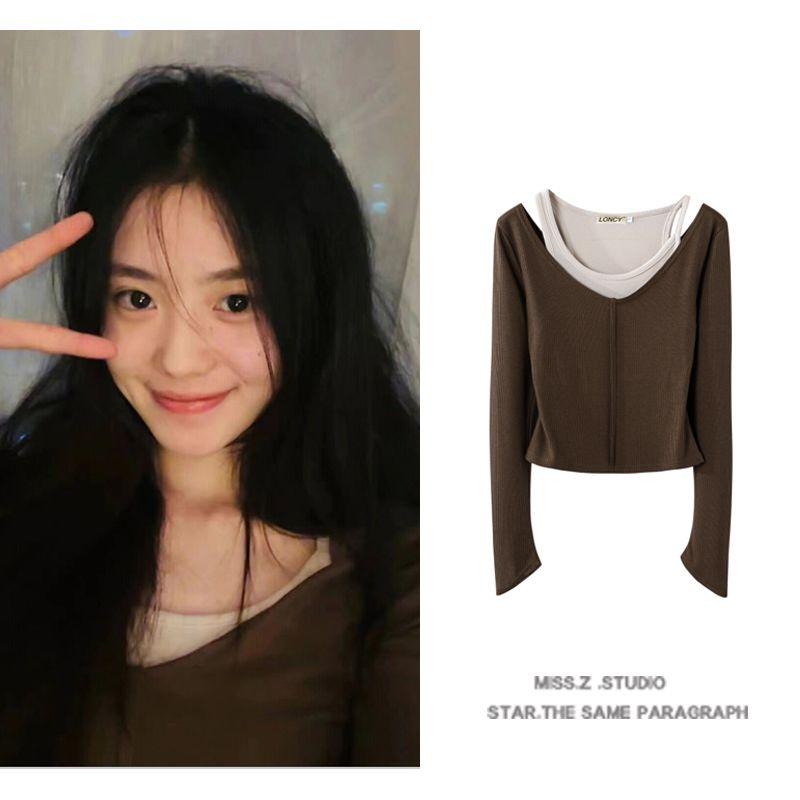 

Лю Хаоцунь Звездный Стиль Французский Стиль Чистого Желания Ложный Костюм из Двух Предметов Футболка с Длинными Рукавами Женская Базовая Рубашка Топы 2025 Весна Brown S