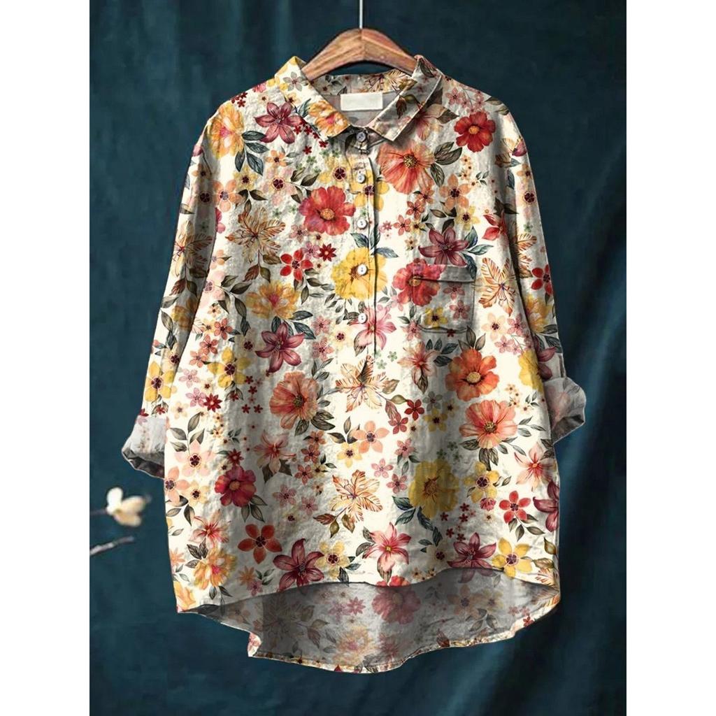 Ladies' Casual Loose Fit Floral Printed Button Up Shirt -Fish School Pattern