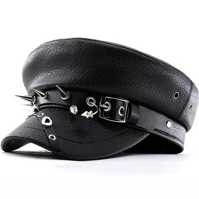 Damen Trend Baskenmütze Schwarz PU Leder Flache Kappe Kapitän Militärmützen Damen Accessoires