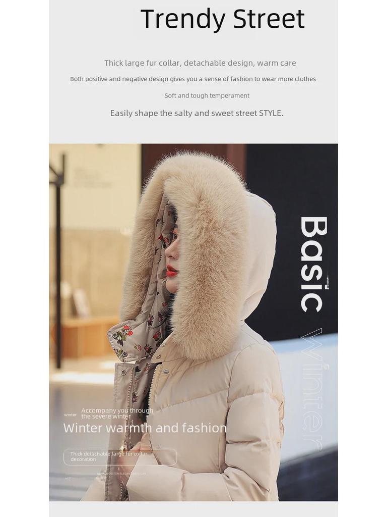 Women's Knee-Length Double-Sided Down Cotton Coat with Large Fur Collar Hood - New Winter Fashion.