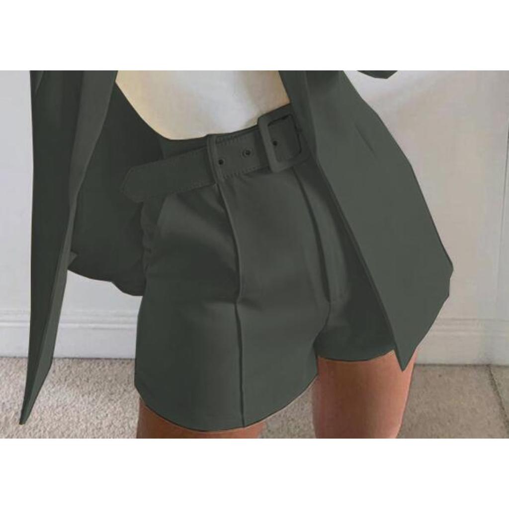 Women's Slim Fit Two Piece Suit Lapel Long Sleeve Blazer High Waist Belted Short Co-ord Outfit Set