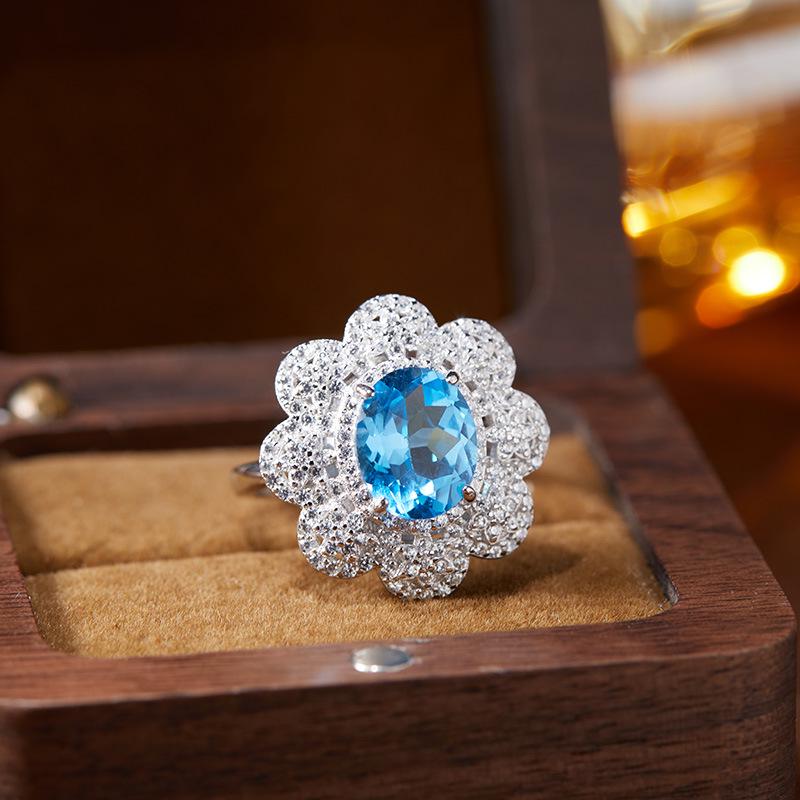 S925 Sterling Silver Lace Flower Ring with Citrine, Amethyst & Topaz for Women