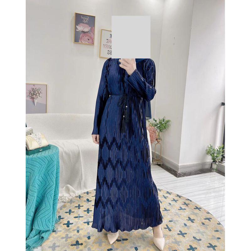 

New New Arrival European and American Women s Clothing round Neck Pleated Slim Fit Long Dress Pure Color Tied Dress Pleated Dress Dark blue 3XL