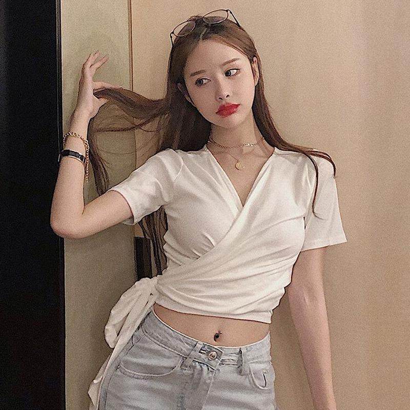 Sommer Crop Tops Damen Kurzarm Rückenfrei zum Schnüren T-Shirt