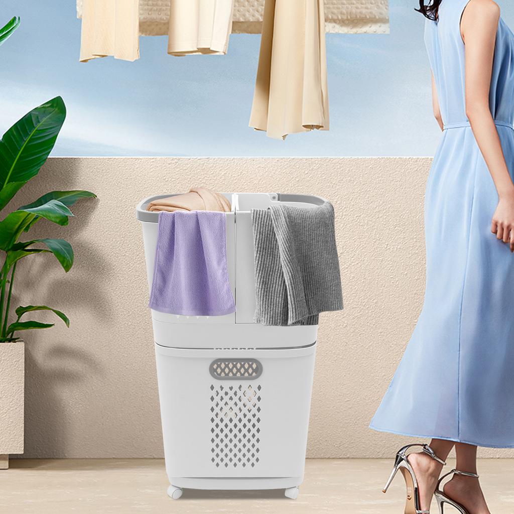 Bymaocar 2 Layers White PP Material Laundry Basket with Wheels Freestanding Multi-function Clothes Basket for Toilets, Bedrooms