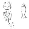 Silver Cat and Fish Stud Earrings, 925 Silver