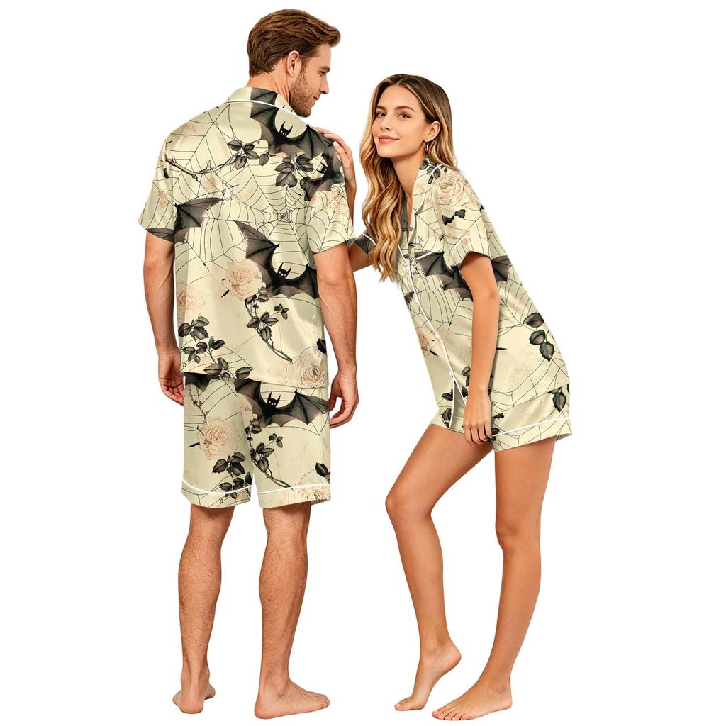 Couple Matching Halloween Pajama Set Short Sleeve Button Down Shirt with Hem Short Pants Soft Casual Loungewear S To XXXXL