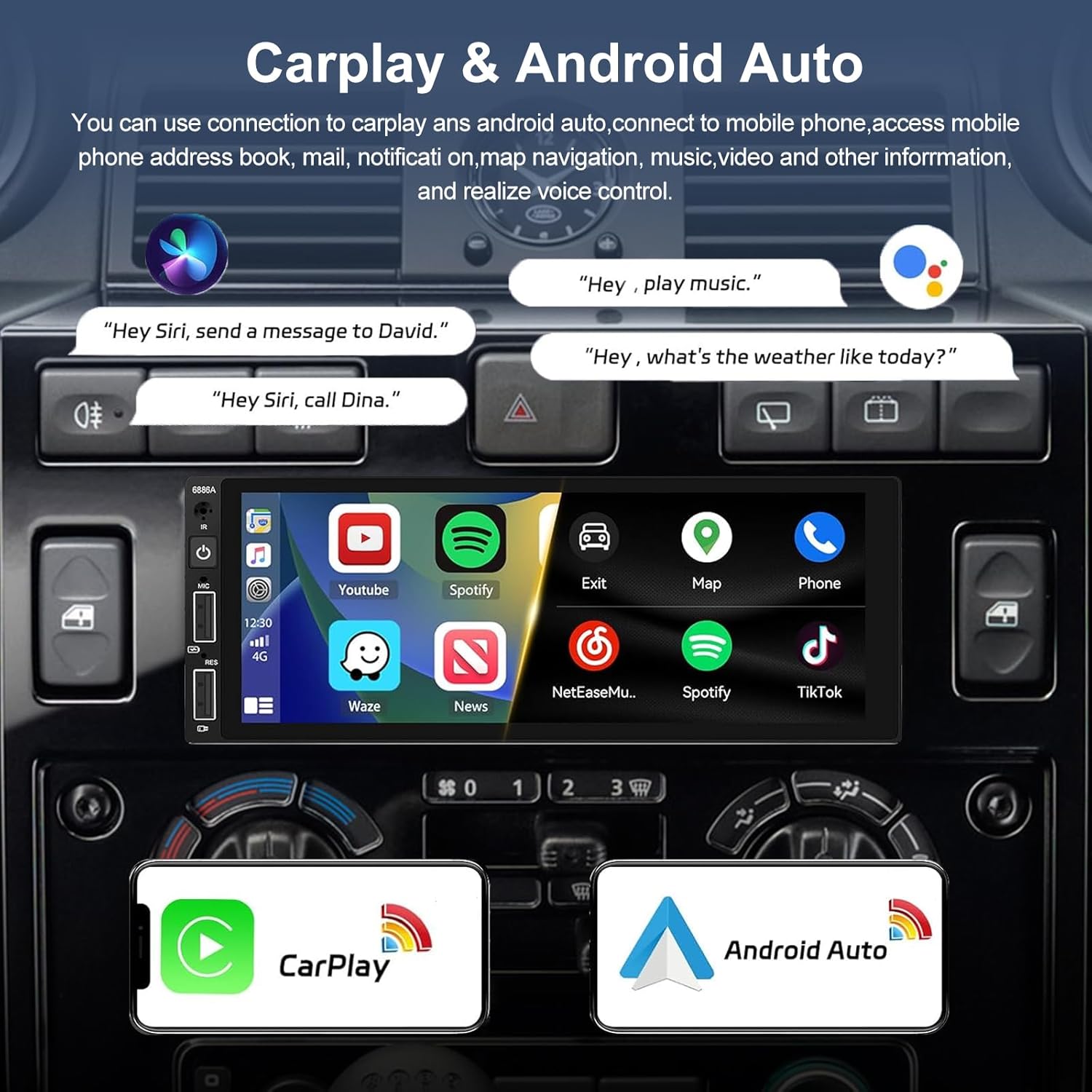 

6.86 Car Stereo with CarPlay, Android Auto, Bluetooth, USB Charging, Backup Camera United States