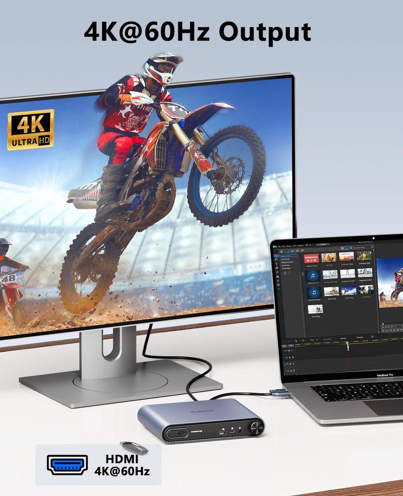 ORICO SSD Docking Station with USB C Docking Supports 10 4K 60 100W Audio and Two USB Ports M.2 Enclosure, 10-in-1 Station, M.2 NVMe/SATA SSD, USB-A