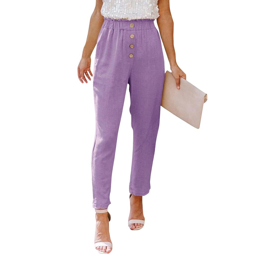 Women's Casual Loose Pants Comfortable Seven Points Work Pants With Pockets Elastic High Waist Paper Bag Pants