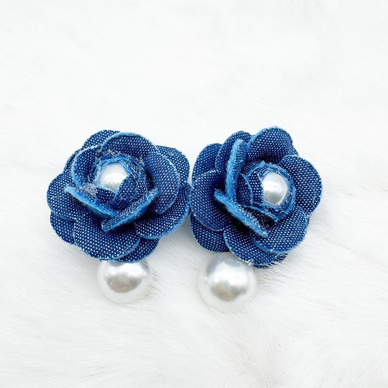 Pearl and Denim Flower Earrings for Women - Elegant and Versatile Studs
