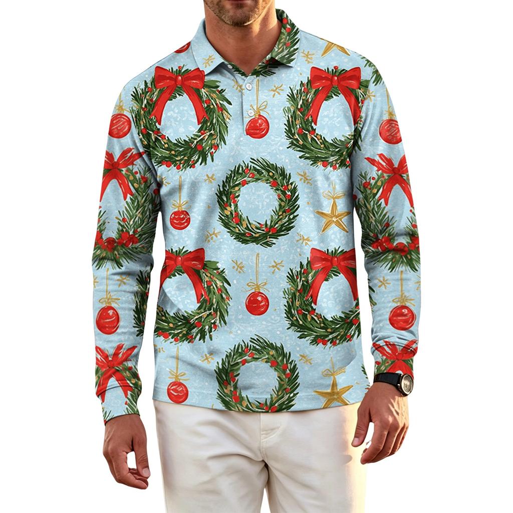 Men's Long Sleeve Golf Shirt Christmas Print Quick-Dry Mesh Casual Activewear Top