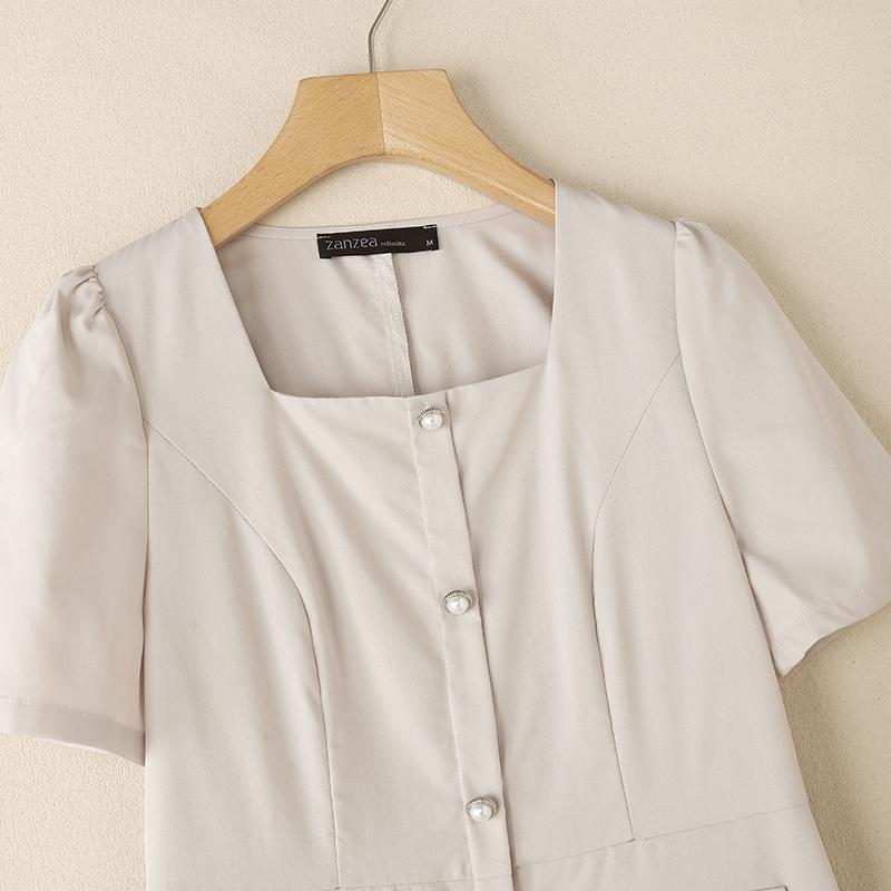 ZANZEA Women Square Collar Summer Casual Short Sleeve Dress