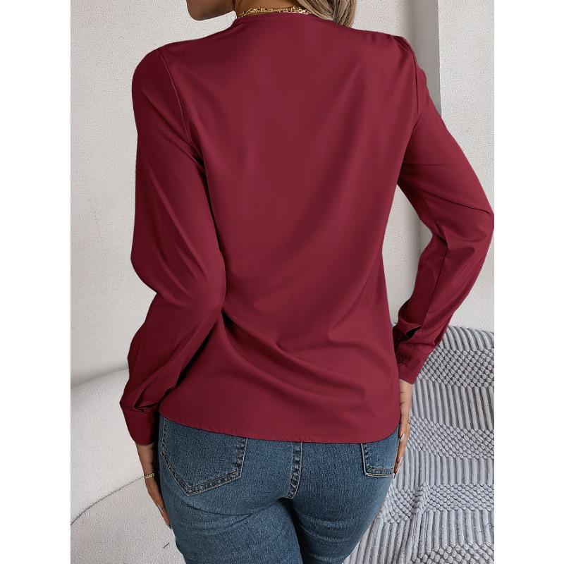 Women's Fall and Winter Elegant Solid Color Layered V-neck Long-sleeved Shirt