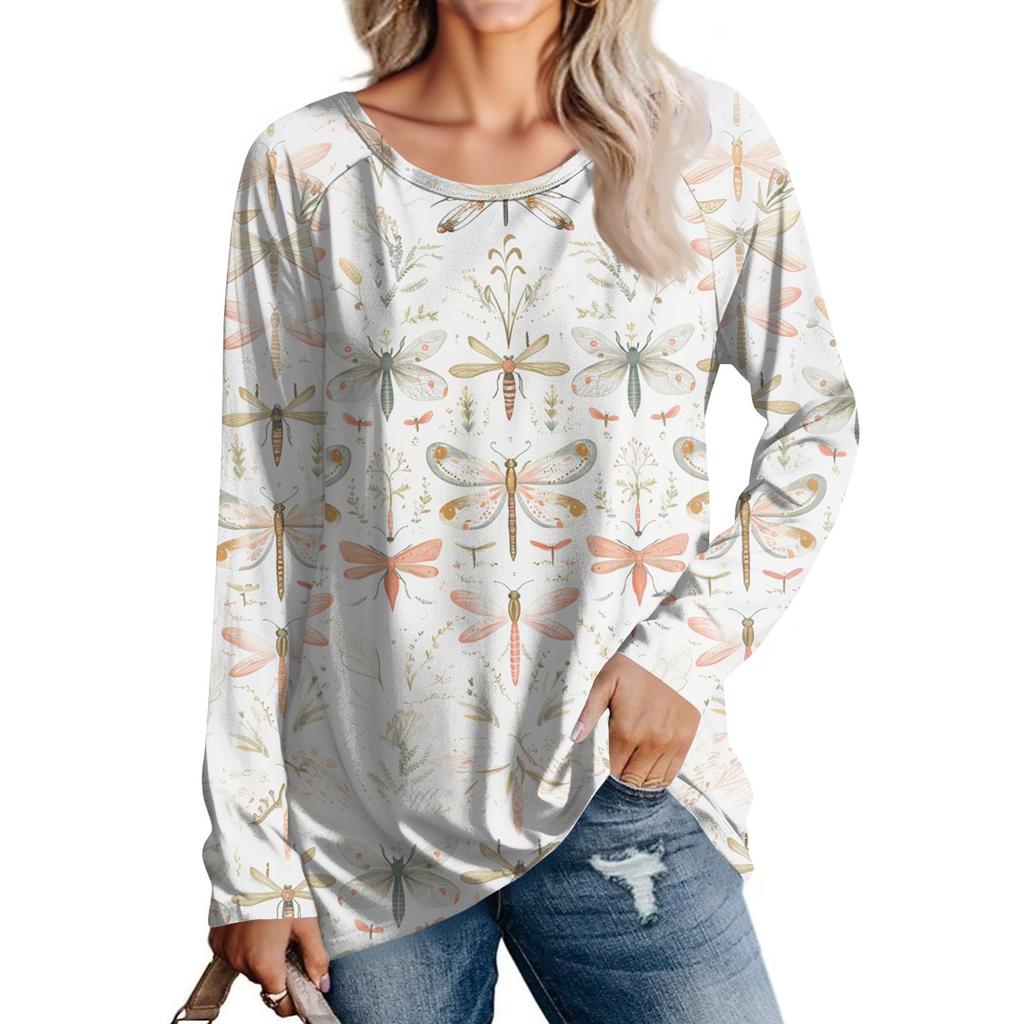 Damenmode Lässig Langarm Print Rundhals Pullover Top Bluse