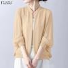 Women Casual Round Neck Long Sleeve Chiffon Cardigan Blouse
