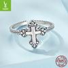 S925 Sterling Silver Vintage Cross Open Ring, Trendy Textured Sterling Silver Ring Jewelry