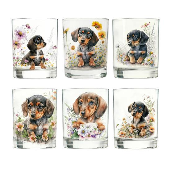 Whiskey Glass, Dachshund Glass Tumbler, Hand Painted Dog Floral Cup for Whiskey Coffee, Home Bar Gift for Dog Lovers