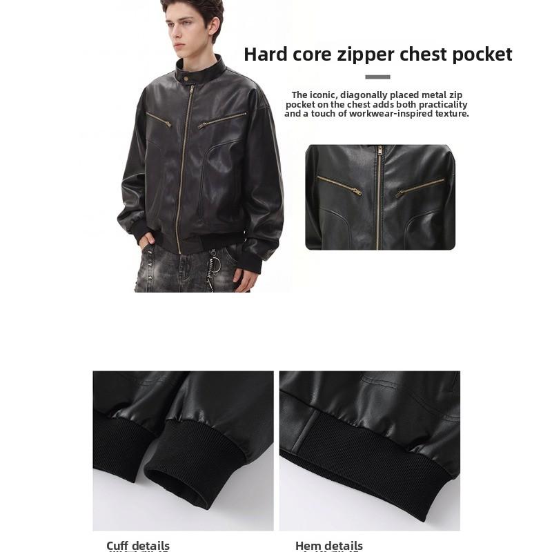 American Windproof Stand-up Collar PU Leather Jacket Men's Autumn Retro Loose Silhouette Locomotive Jacket Pu Leather Jacket