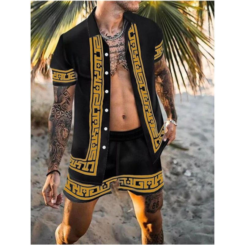 Mens Casual Printed Short Sleeve Shirt And Shorts Two Piece Set S жёлтый