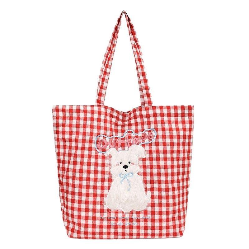 Checkered Embroidered Puppy Printed Canvas Shoulder Bag Outdoor Crossbody Bag