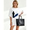 Oversized T Shirt Black Silhouette And Blue Shadow Print Casual Wear For Women Summer Outfits Street Style Fashion Top