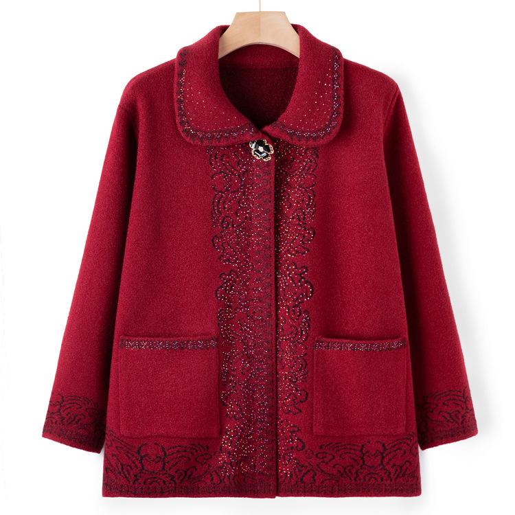 Mom Sweater Spring and Autumn Clothes Lapel Jacket Middle-aged and Elderly Sweater Cardigan Old People Clothes Old Lady Grandma Top