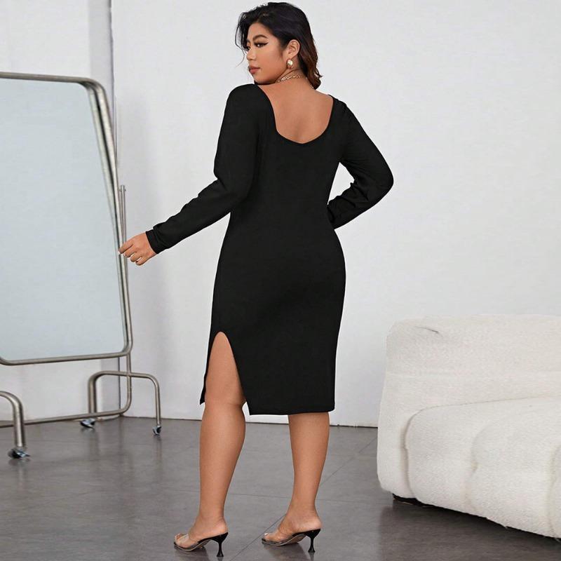 Women‘s Long Sleeve Square Collar High Waist Slit Dress Slim Sexy Wrapped Hip Dress Temperament Fashion Commuter Plus Size Black Dress