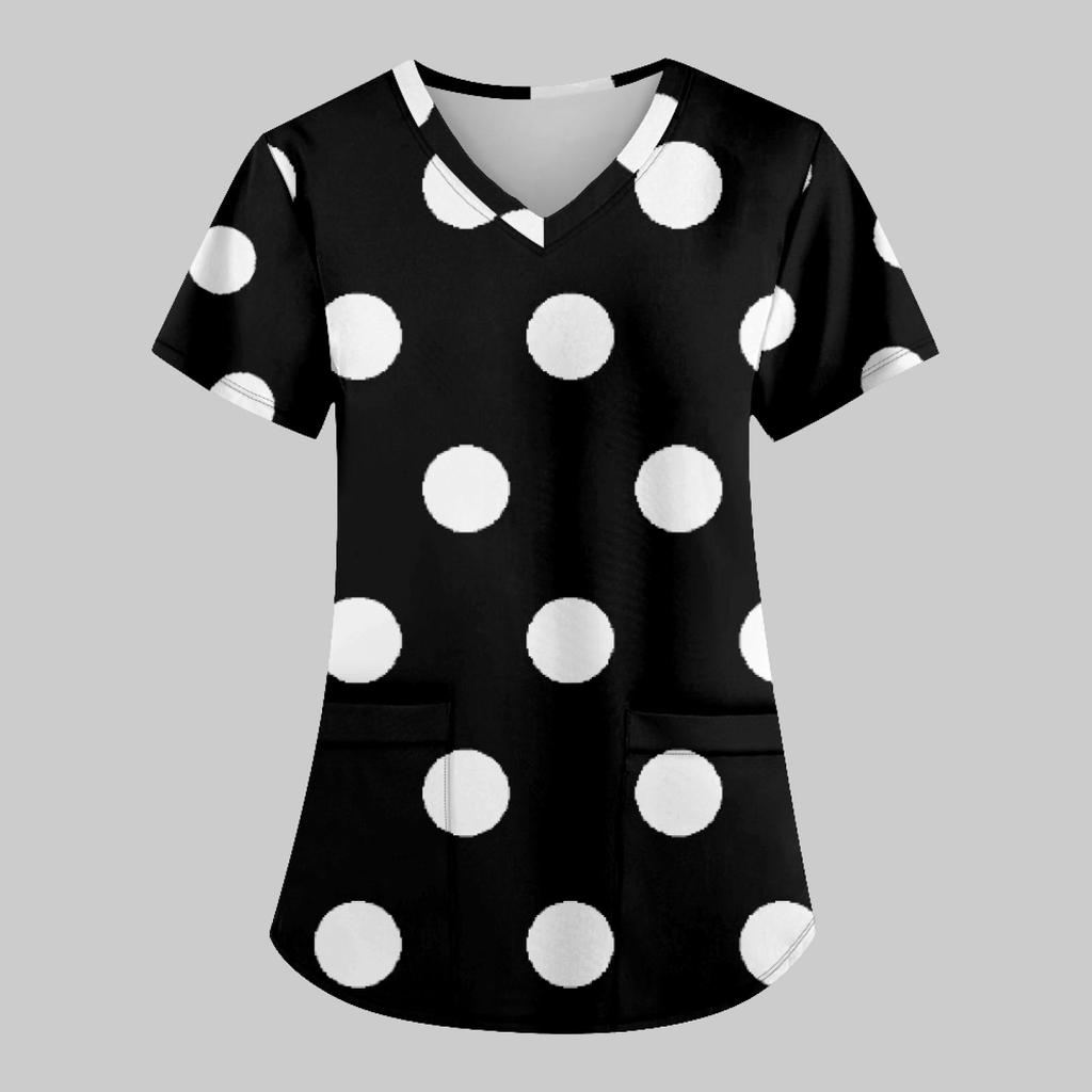 Women's Fashion Printed Work Uniform With Pocket T-Shirt Short Sleeve Top