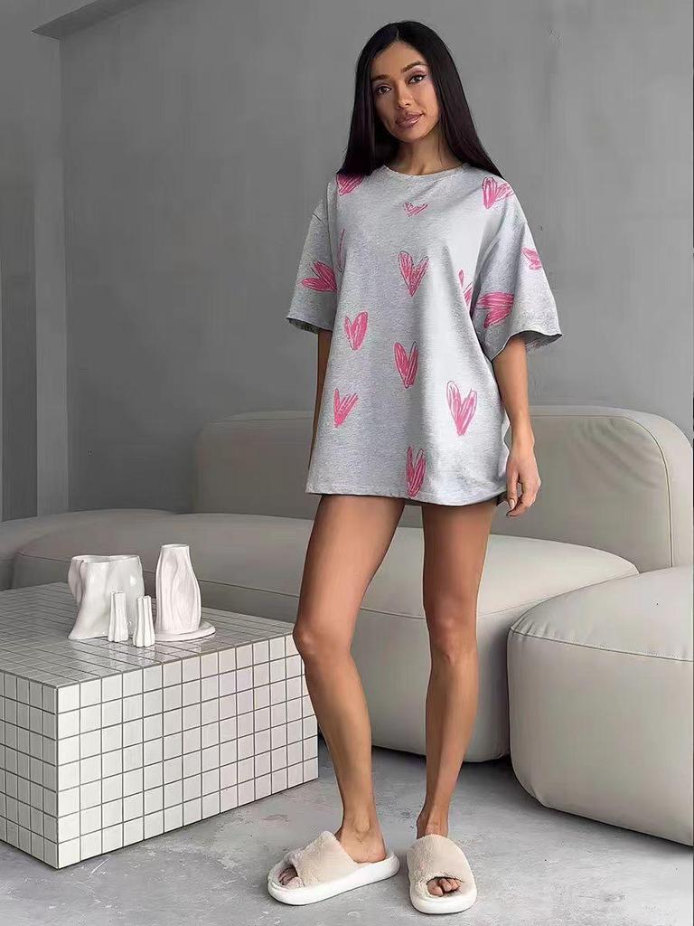 Summer Heart Print Loose Fit Cotton T-Shirt - European & American Style, Age-Reducing & Versatile Fashion