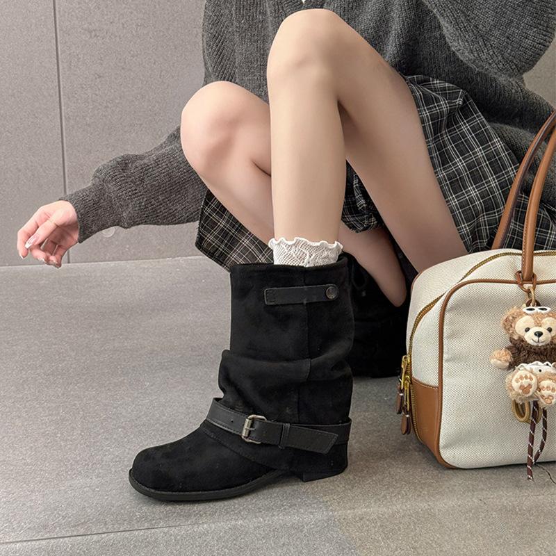 Retro style square head pleated sleeve stacking boots women's 2025 autumn and winter new versatile double-breasted belt buckle cigarette boots