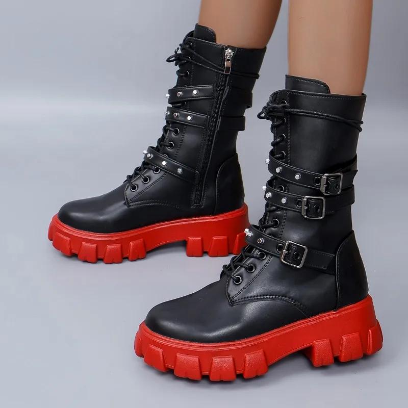 Fashion Hot Motorcycle Boots 2024 Autumn Fashion Black Red Gothic Platform Buckle Chain Punk Rivet Combat Boots Large Size Women's Shoes