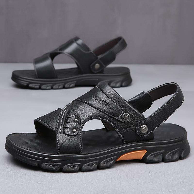 Fashion Mens Open Toe Cowhide Sandals Fashion Business Genuine Leather Casual Slippers Men Summer Flat Shoes Luxury Brand Roman Slippers