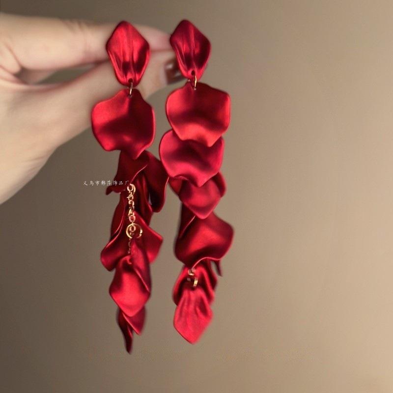 Exaggerated Rose Petal Earrings - Elegant European American Luxury Drops