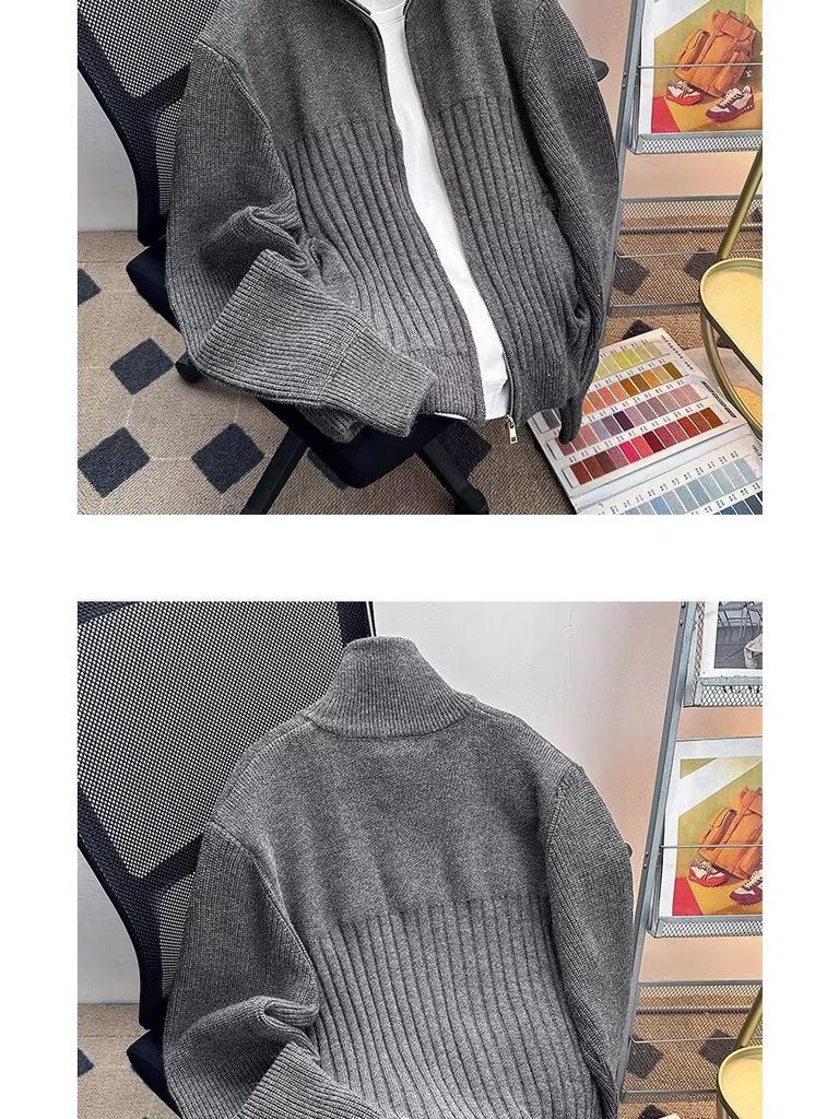 Men's Thick Knit Zipper Sweater - Solid Color, Half-High Collar, Autumn/Winter Pullover, Loose Fit Floral Thread Design