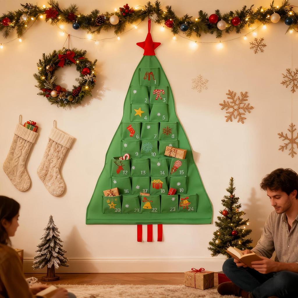 24 Days Fabric Advent Christmas Tree Shape Countdown Calendar Storage Bags 2025 Xmas Navidad Party Supplies for Home Decorators
