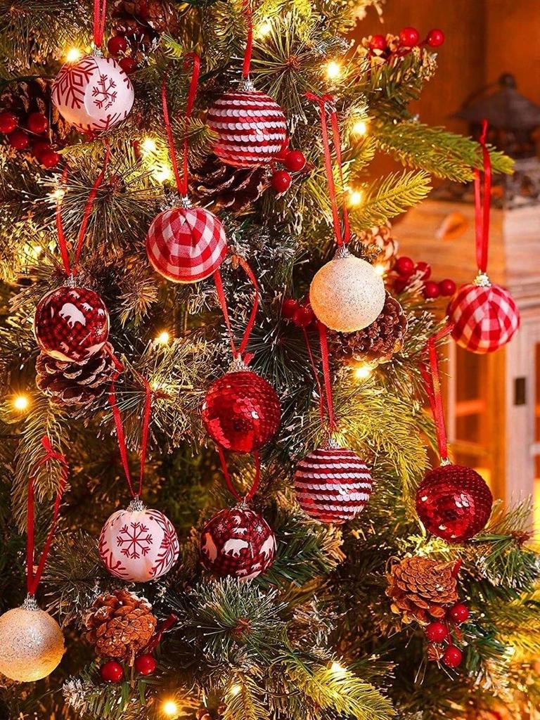 12Pcs Buffalo Plaid Glitter Christmas Ball Ornaments, Rustic Hanging Tree Decor for Xmas Party Supplies Holiday Decor
