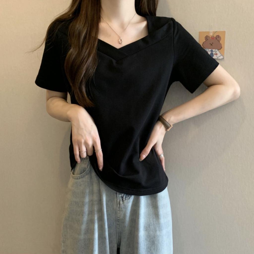 Damen Weiß Asymmetrischer Halsausschnitt T-Shirt Kurze Ärmel Unregelmäßiger Saum Lässig Enganliegend Basic Top